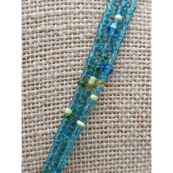 Multi Strand Tiny Blue Glass Seed Bead Necklace Art Glass Gold Foil Pendant 21" - Picture 4 of 7